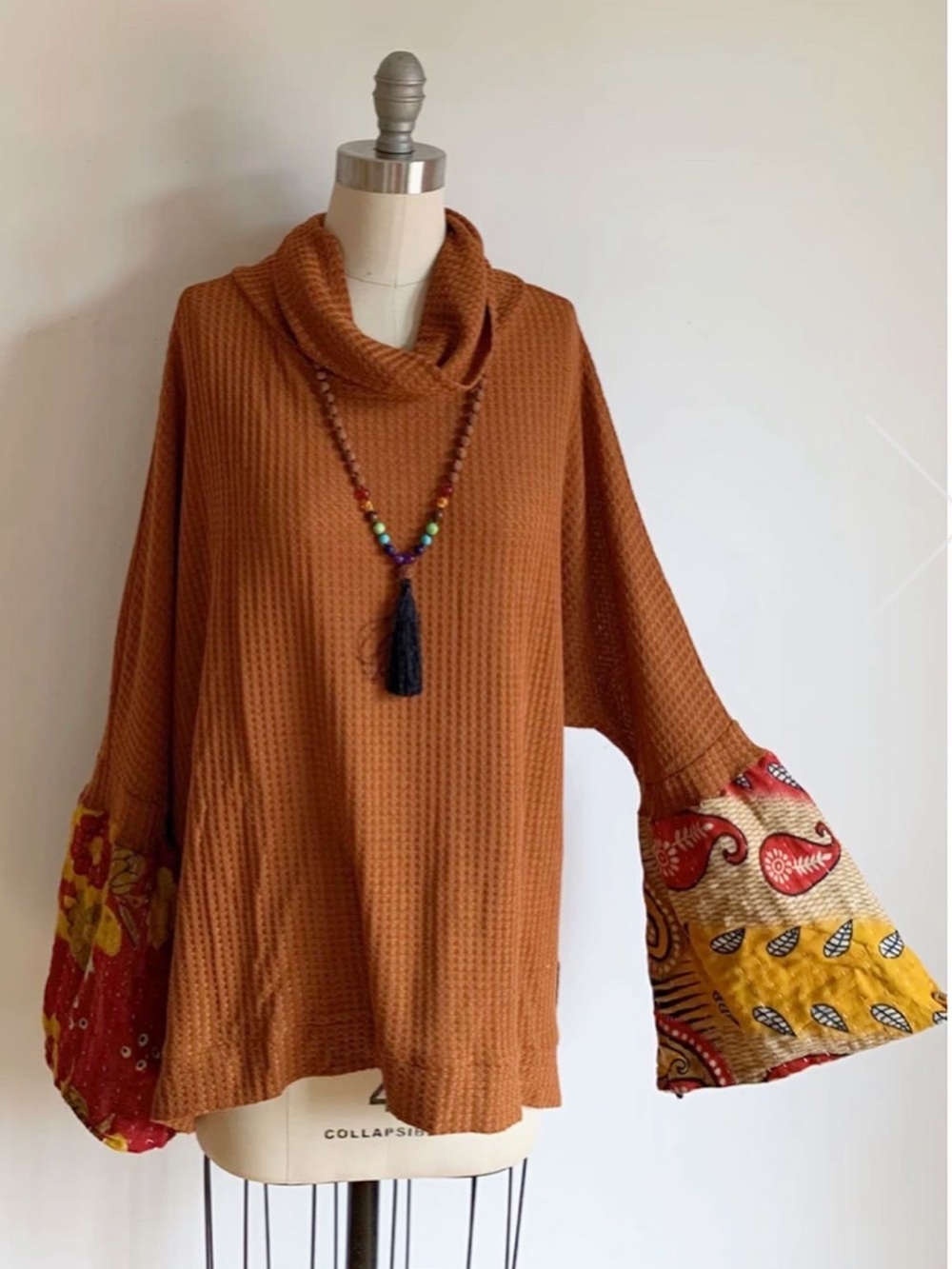 Mountain Girl Clothing Kantha Bell Sleeve Waffle Knit Boho Tunic OS